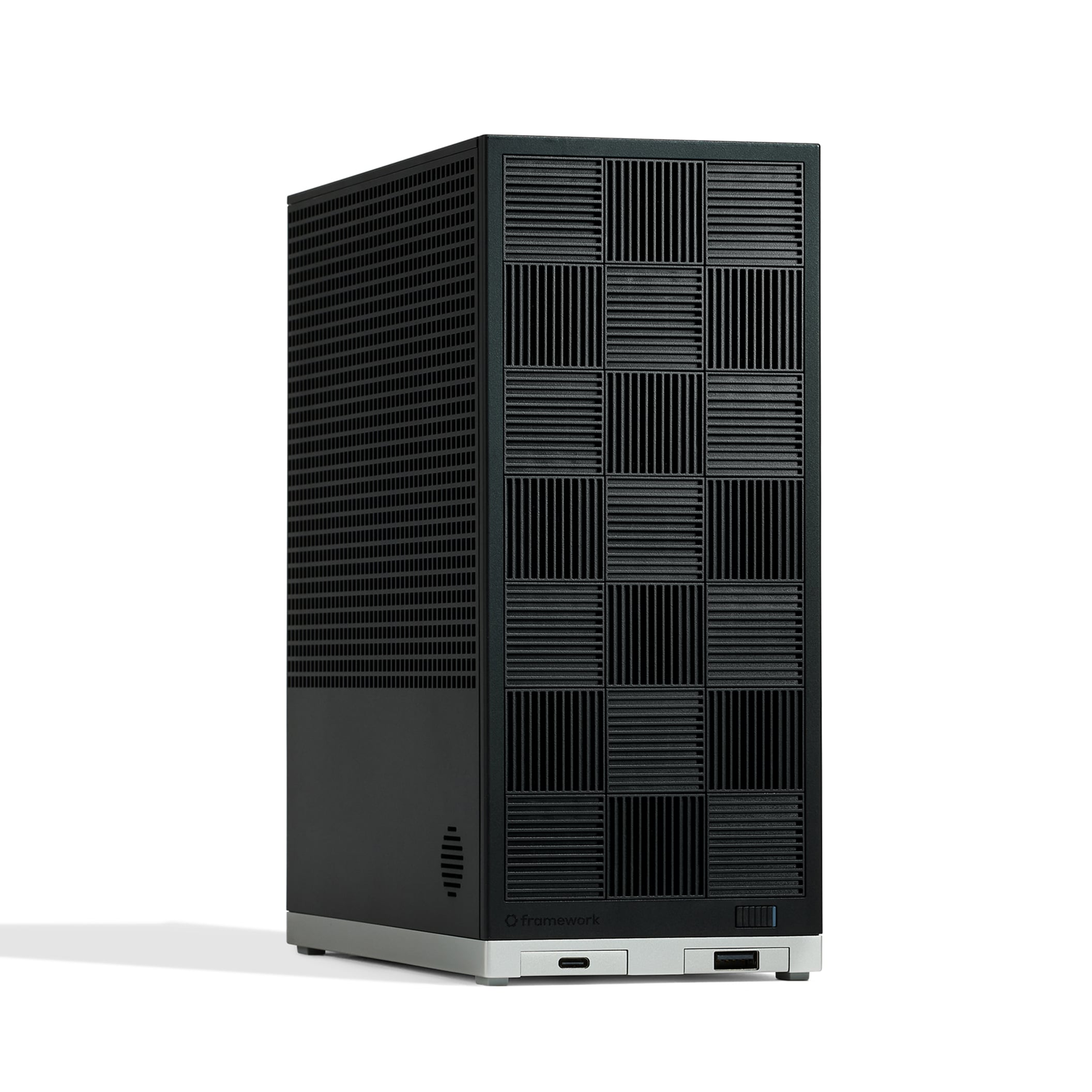 Image of Framework Desktop featuring Black Tiles 3/4 view