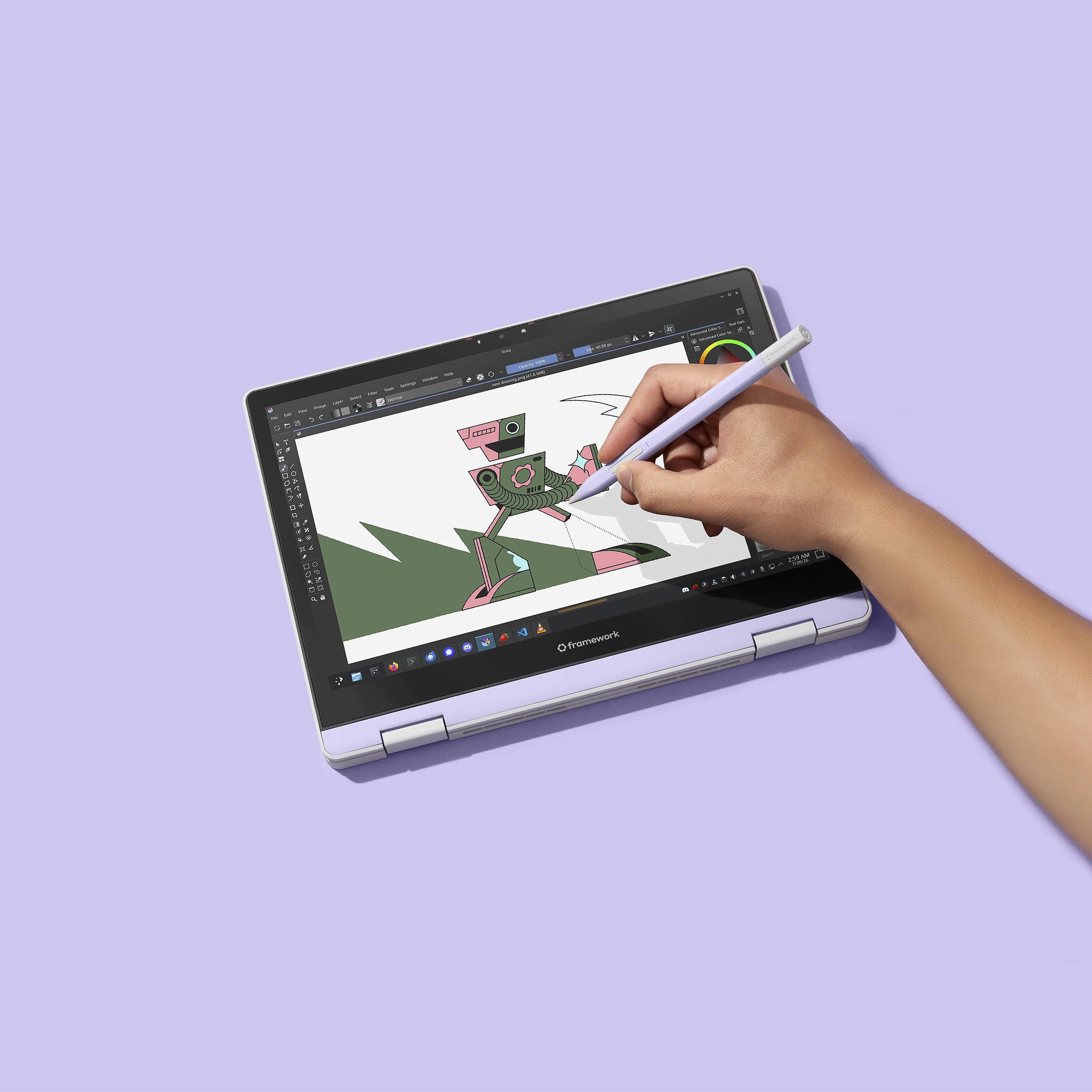 Framework Laptop 12 Tablet Mode with Stylus In Use (Lavender)