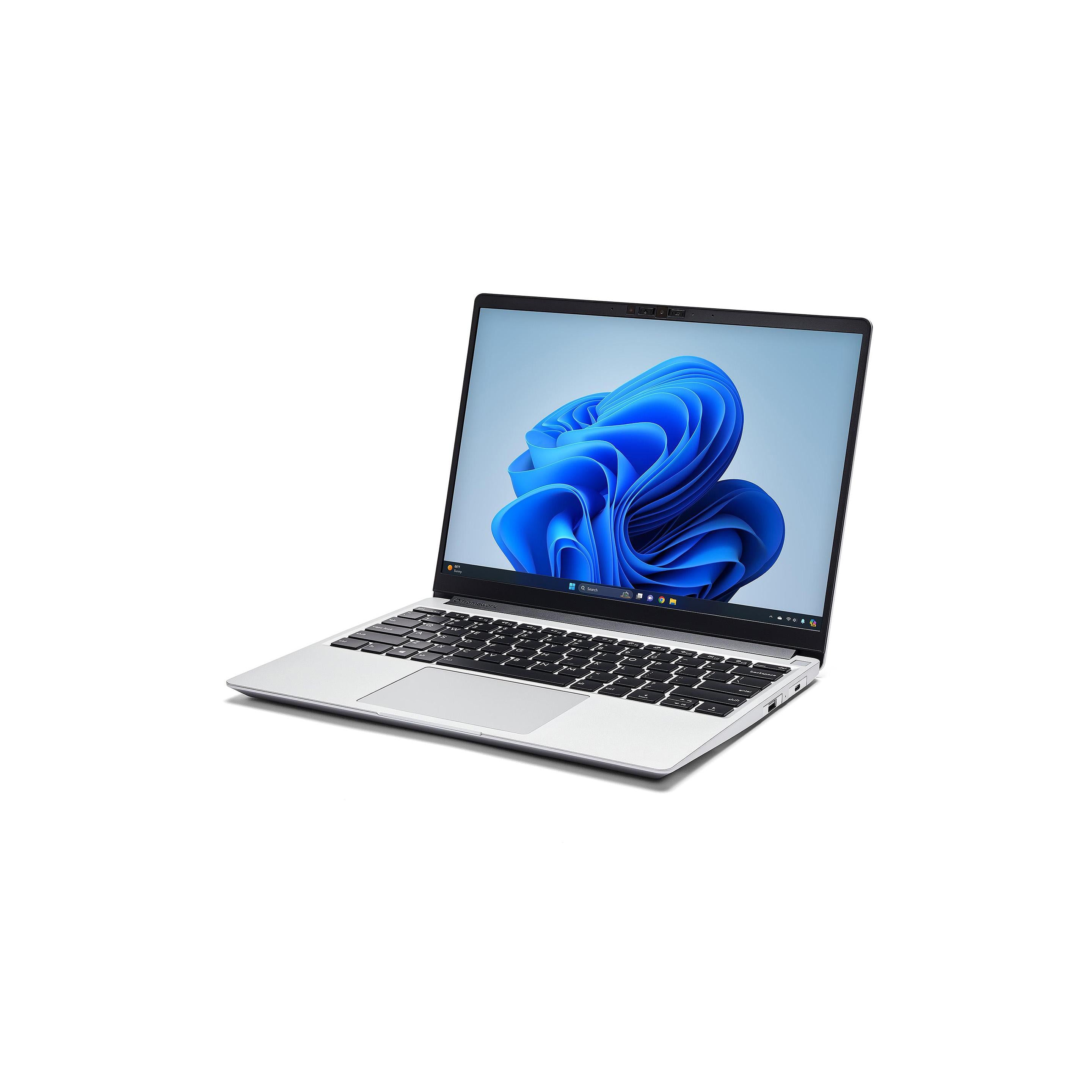 Photo of Framework Laptop 13 three-quarter view while open