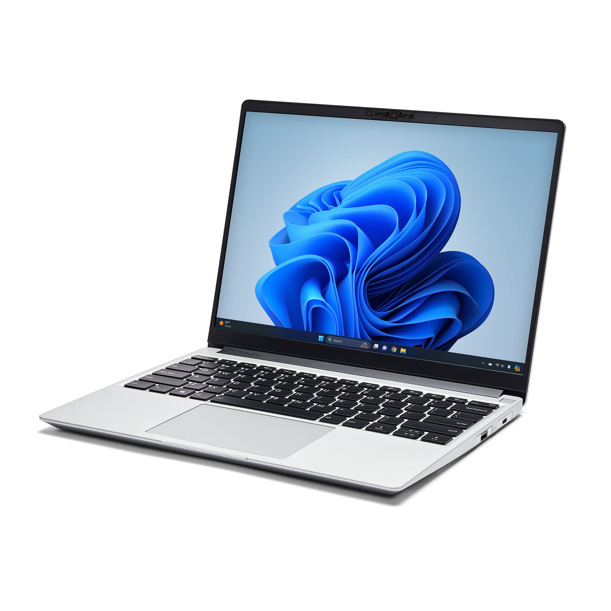 Photo of Framework Laptop 13 three-quarter view while open	