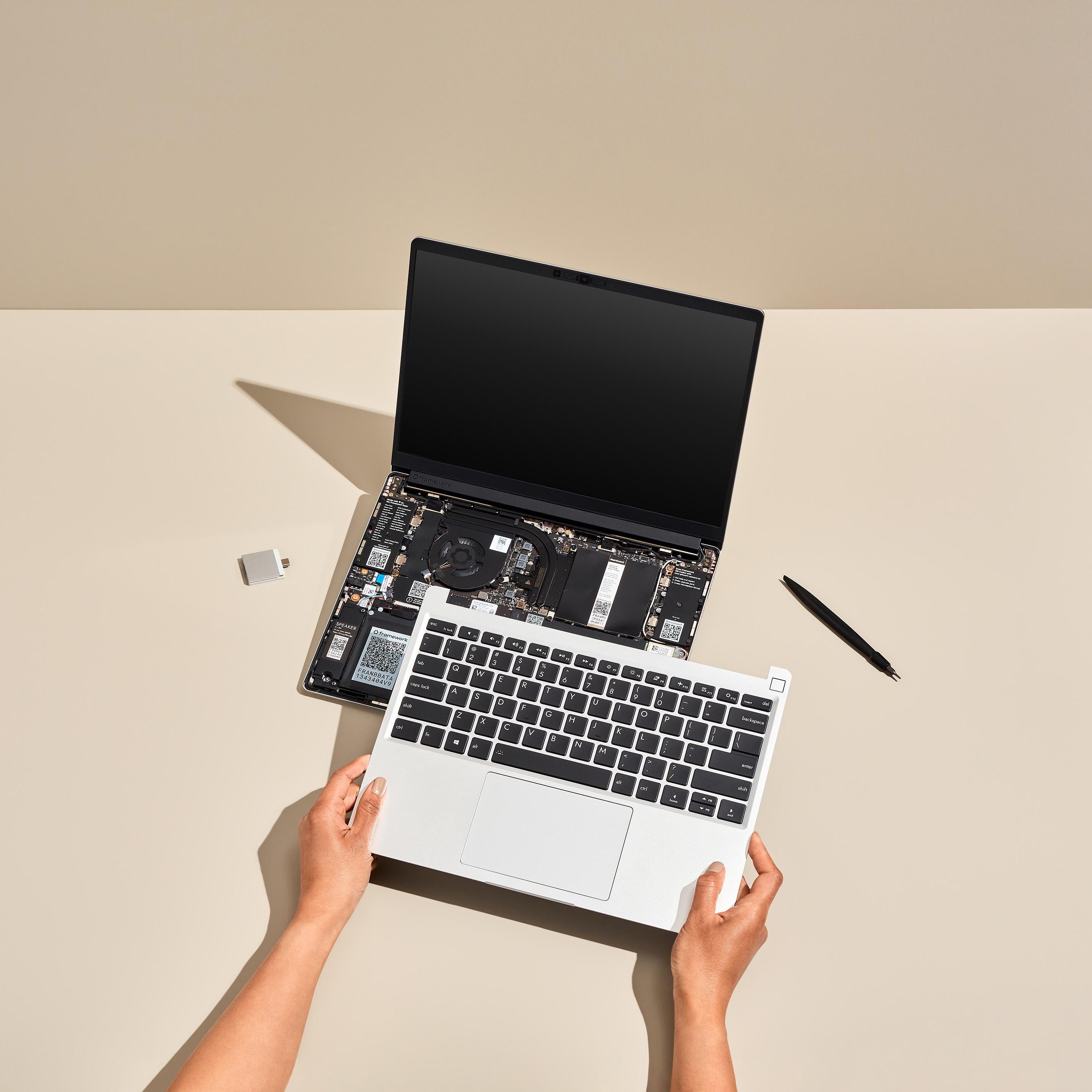 Photo of Framework Laptop 13 with input cover removed	