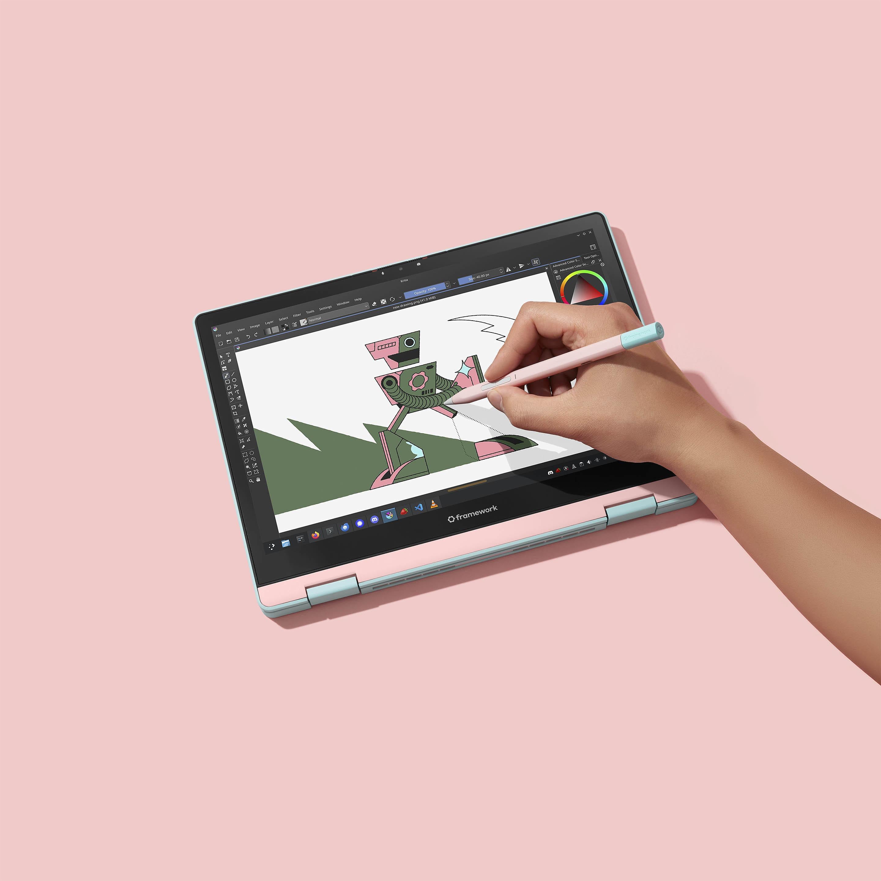 Framework Laptop 12 Tablet Mode with Stylus In Use (Bubblegum)