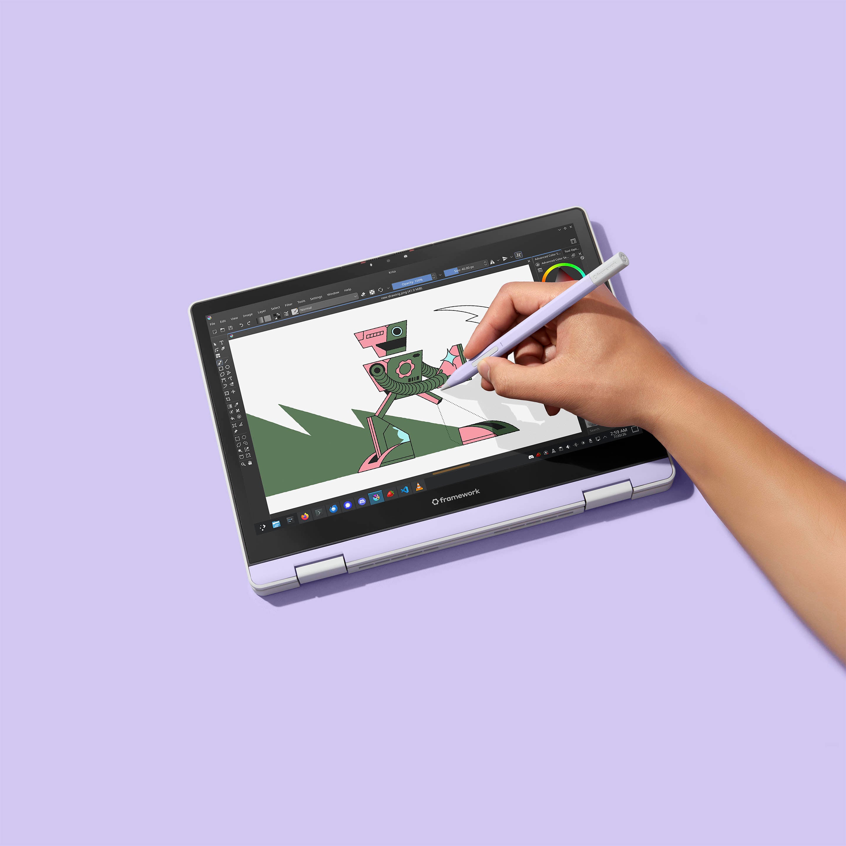 Studio shot of Framework Laptop 12 Stylus in Lavender In Use