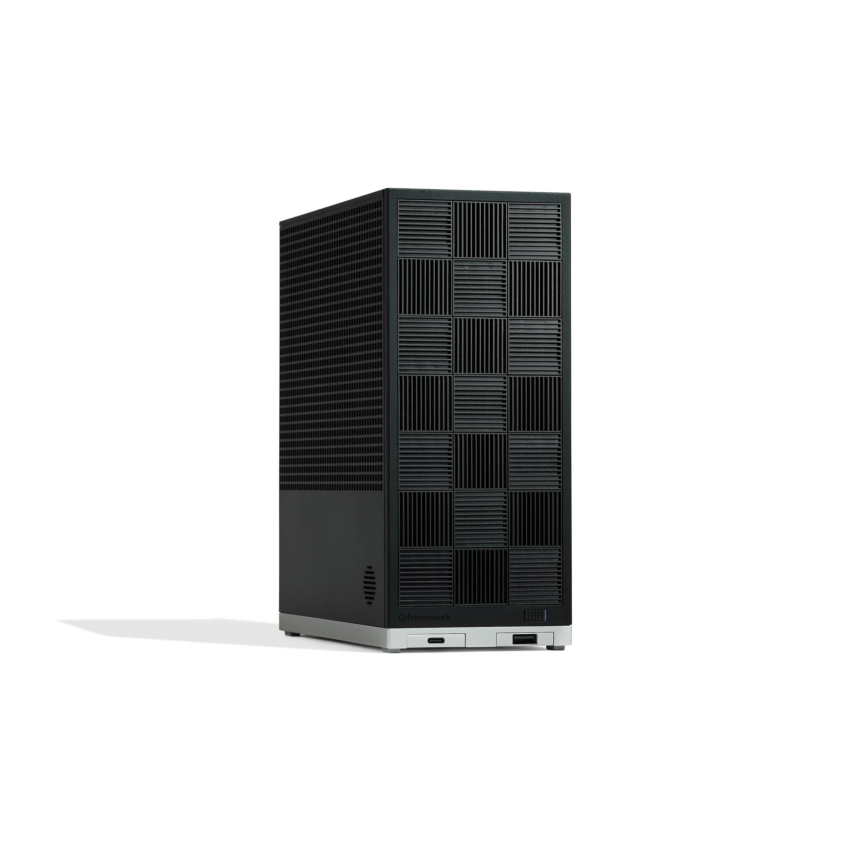Image of Framework Desktop featuring Black Tiles 3/4 view